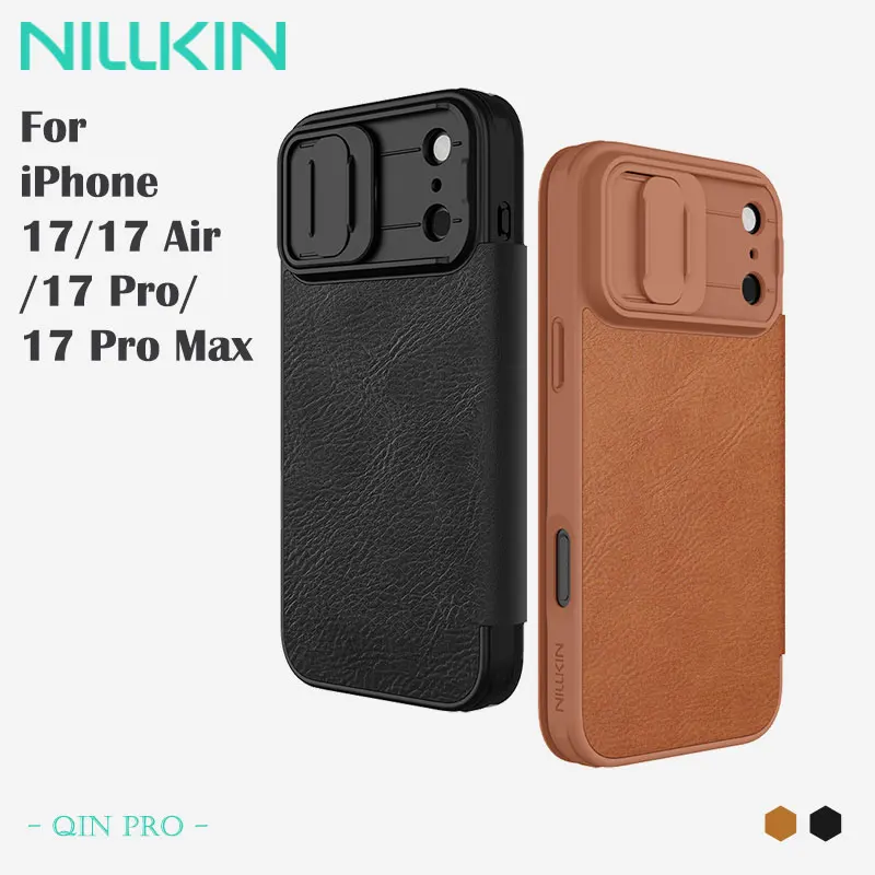 

Кожаный чехол для iPhone 17, NILLKIN Qin Pro, конфиденциальная крышка объектива + держатель для карт, противоскользящая подкладка, дизайн в элитном стиле