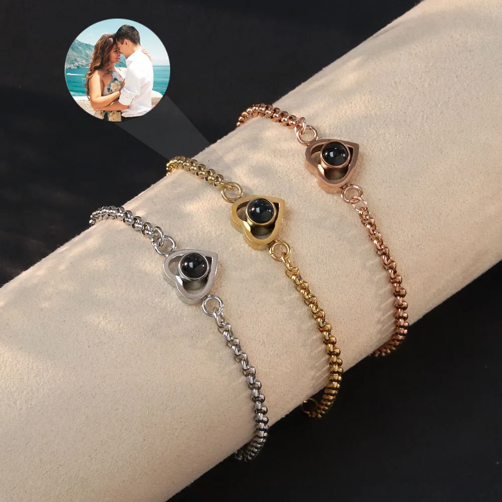 Projection Photo Heart Bracelet with Stainless steel a chain Heart Bracelet Bangle Jewelry for Men Women Gift 2023