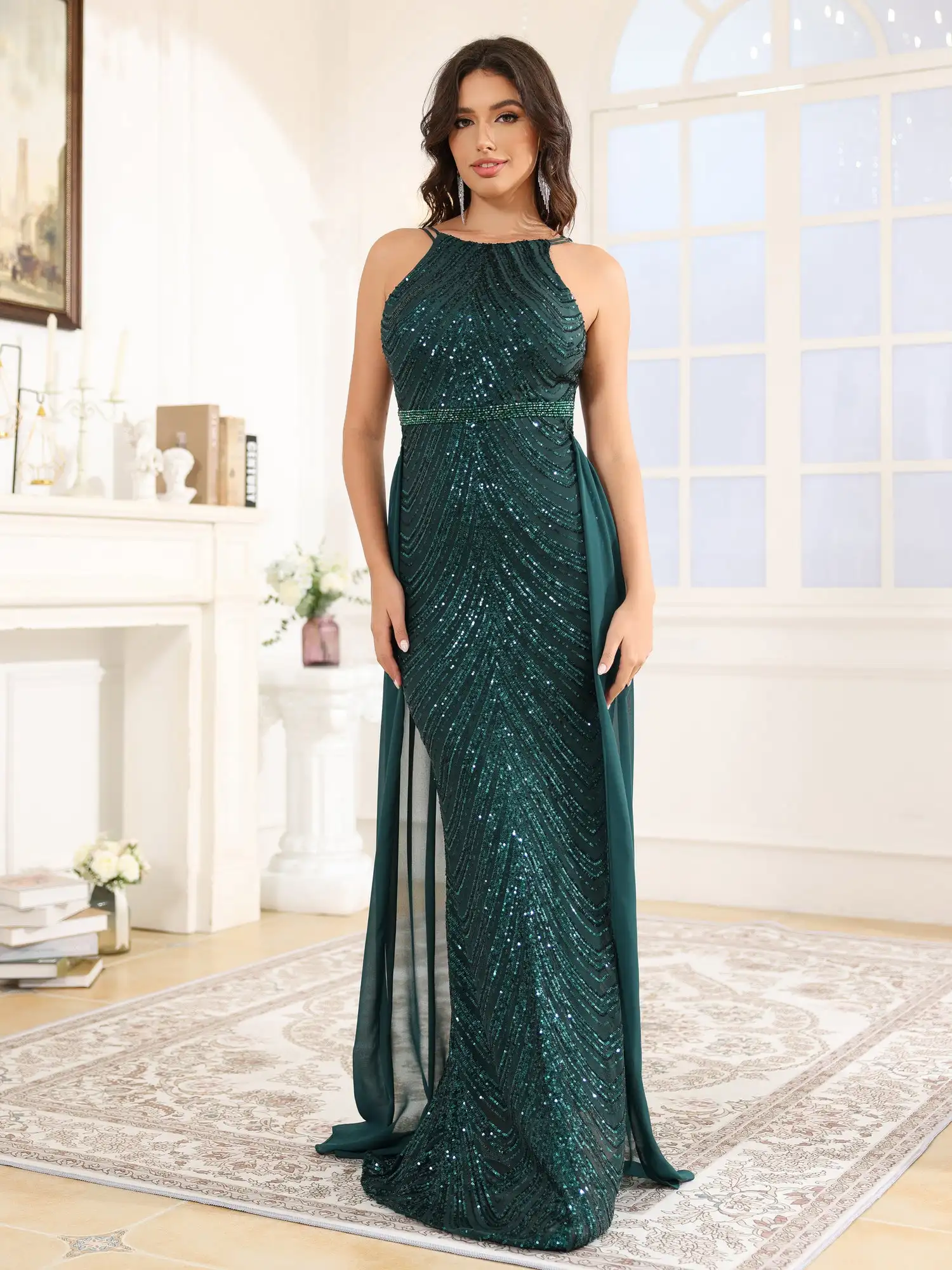 Halter Mermaid Sequins Floor Length Prom Dress With Padding & Boning Elegant Sleevesless Formal Evening Dress Wedding Guest Gown