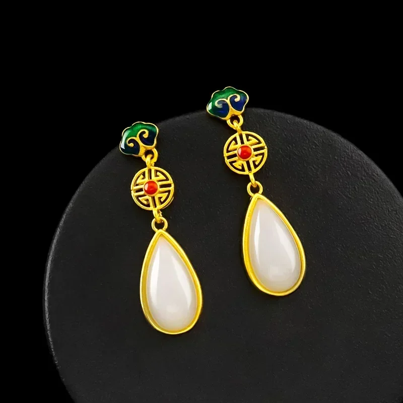 

9999 Real Gold 24K Ethnic Style Women's National Style Chalcedony Earrings Long Retro Women's Earrings Ancient Style Water Drop