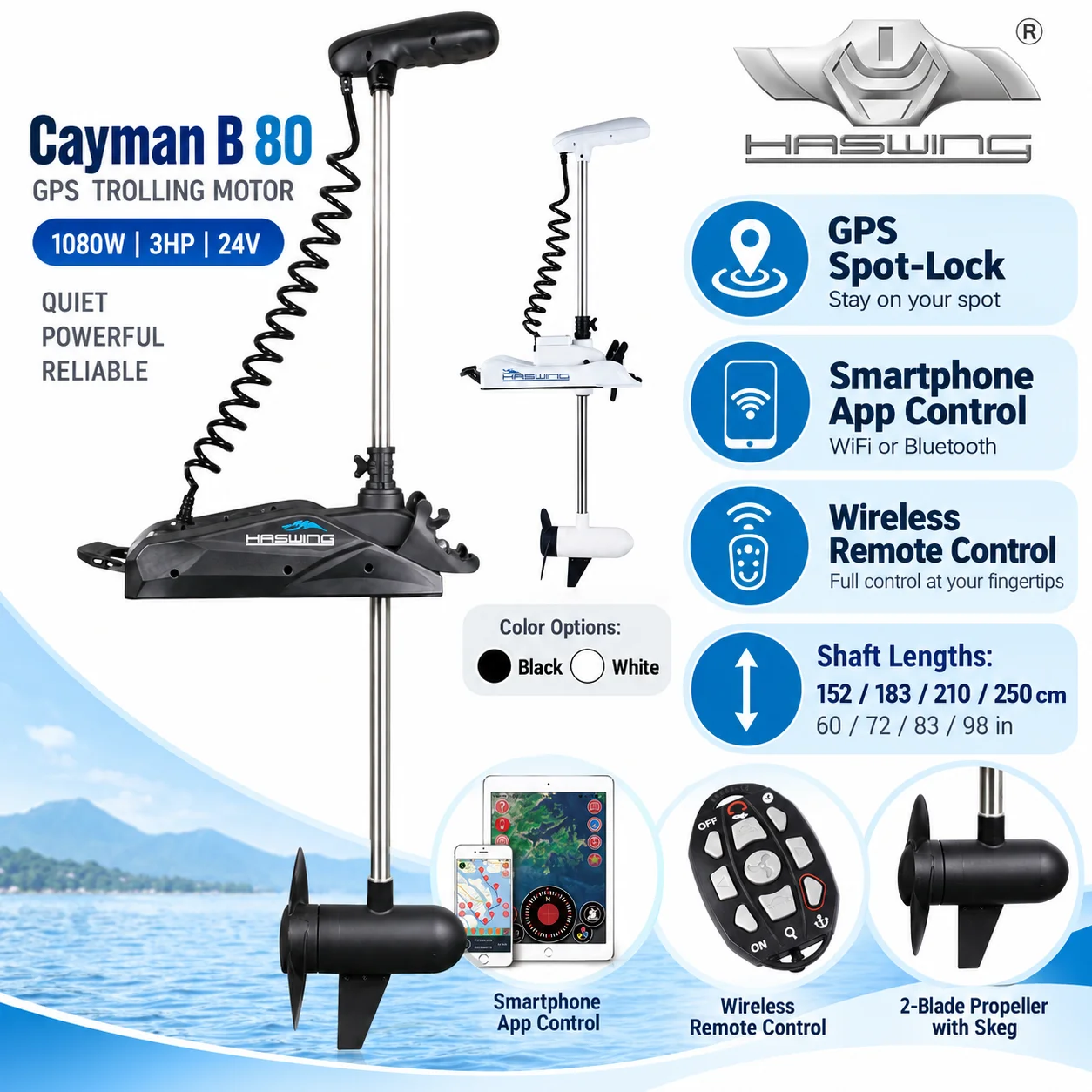 HASWING 50739 Electric Trolling Motor 80 Lbs 24V Bow Mount Gen 1.7 GPS Anchor Smartphone App Remote 60