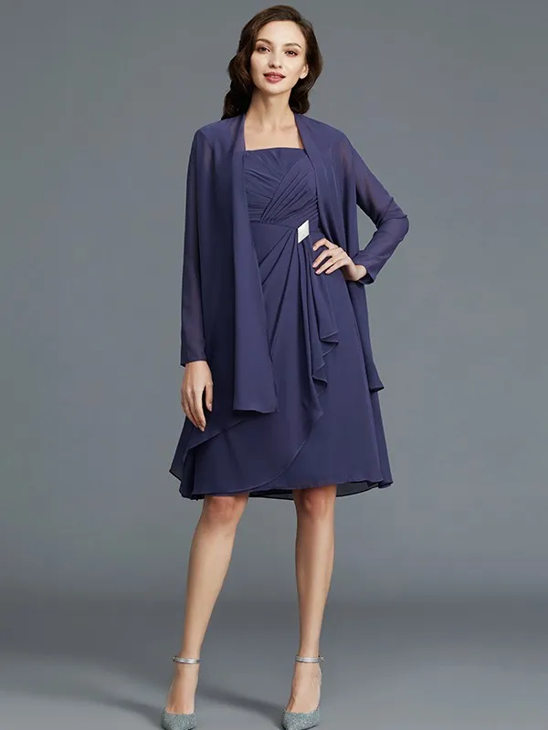 Grau Mutter Der Braut Kleider A-linie Knie Länge Chiffon Mit Jacke Plus Größe Kurz Bräutigam Mutter Kleider Für Hochzeit