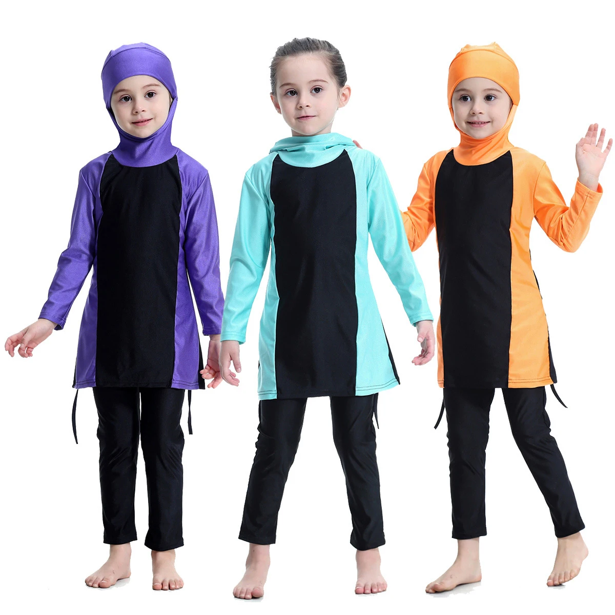 Fatos de banho infantis de duas peças, tops e calças de manga comprida, hijab muçulmano, roupas de banho para meninas de 2 a 15t