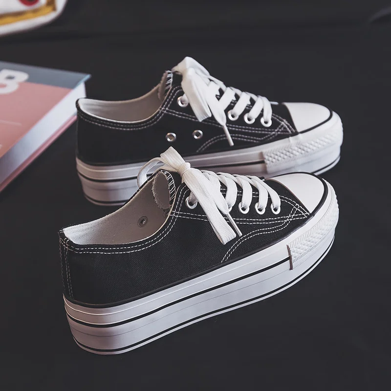 2023 sapatos baixos para mulheres vulcanizadas preto lona tenis plataforma tênis branco feminino aumentar altura sapato de skate