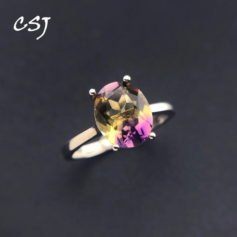 CSJ Trendy Ametrine Rings 925 Sterling Silver Gemstone Oval 8*10mm for Women Party Christmas Birthday Jewelry Gift