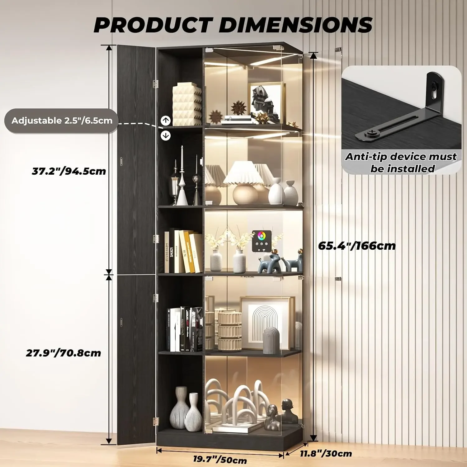Glass Display Cabinet with RGB Lights, 5-Tier Curio Cabinets with Glass Doors for Collectibles, Display Case with Adjustable She
