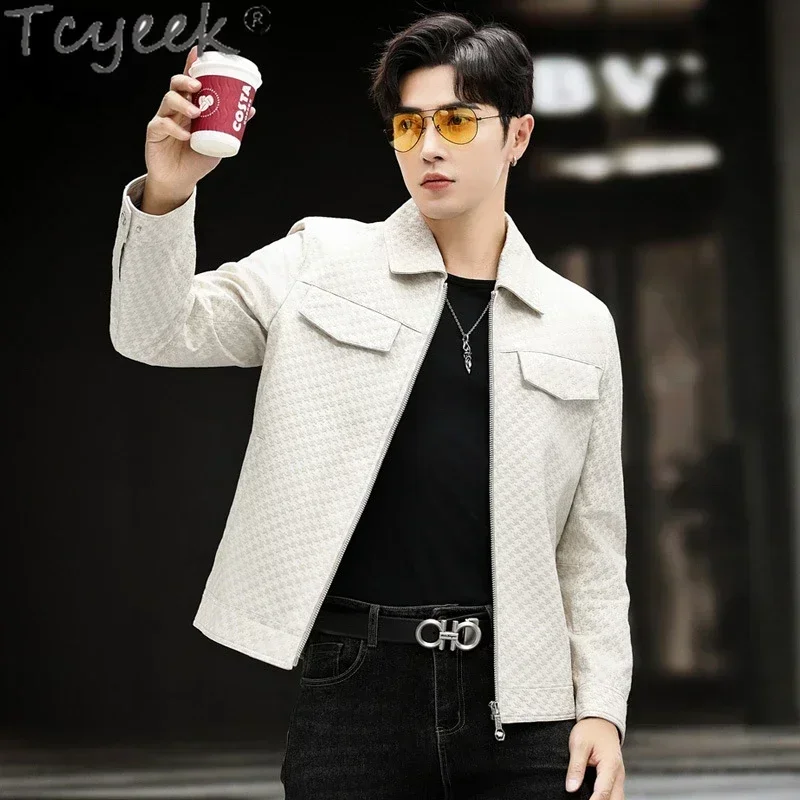 Tcyeek سترة جلدية حقيقية الرجال الملابس موضة معطف جلد الغنم الحقيقي ربيع الخريف رجالي دراجة نارية جاكيتات التلبيب Jaqueta Couro