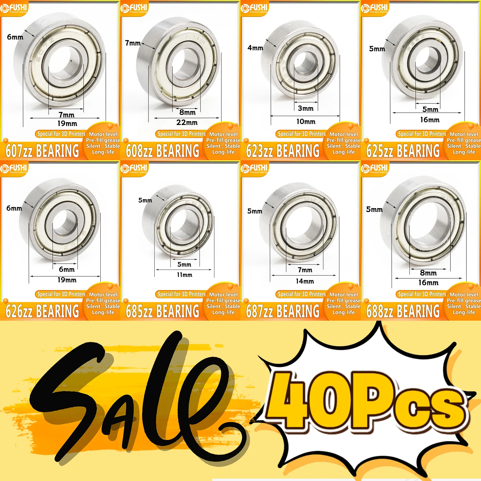 10-40Pcs Ball Bearings Wheels 3D Printer Miniature Bearings 608ZZ 623ZZ 625ZZ 685ZZ 688ZZ 687ZZ Wheel Multiple Deep Groove