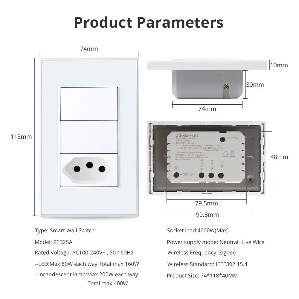 Zemismart Tuya Zigbee 20A Smart Brazil Socket with Light Switch Homekit Wall Push Button Switch Alexa Google Home Voice Control