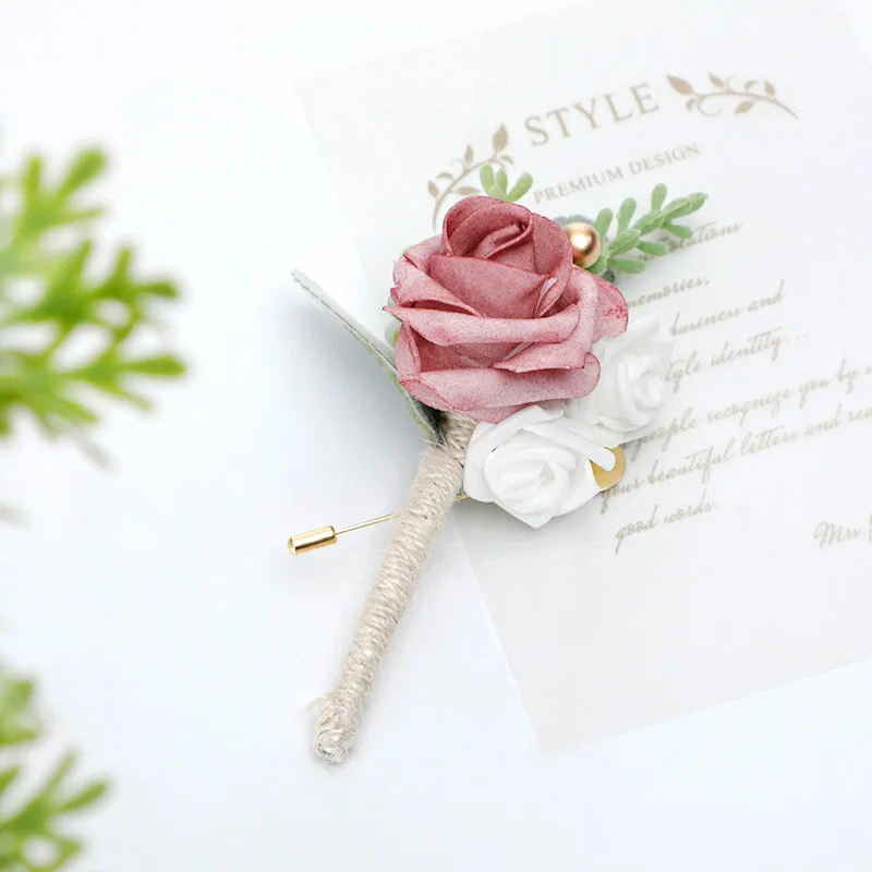 ผู้ชายงานแต่งงาน Boutonnieres Rose ดอกไม้แต่งงานเข็มกลัดการ์ตูนเจ้าบ่าว Party อุปกรณ์เสริม