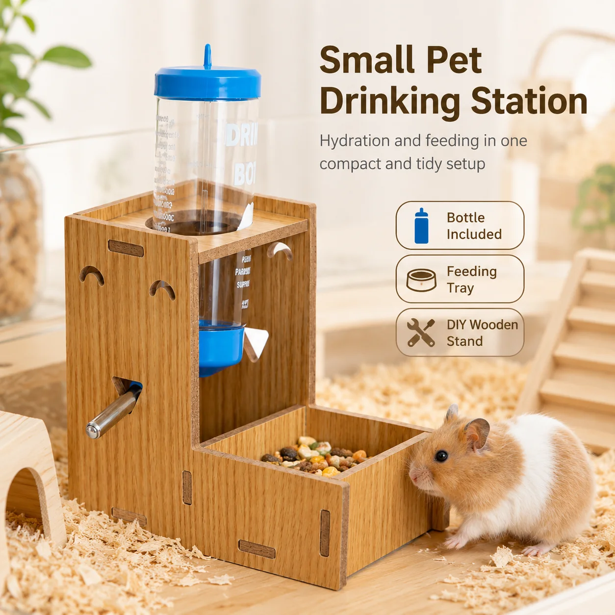 Wooden Hamster Food and Water Dispenser Station, Small Pet Cage Feeder with Automatic Drinking Bottle 2 in 1 Feeding System
