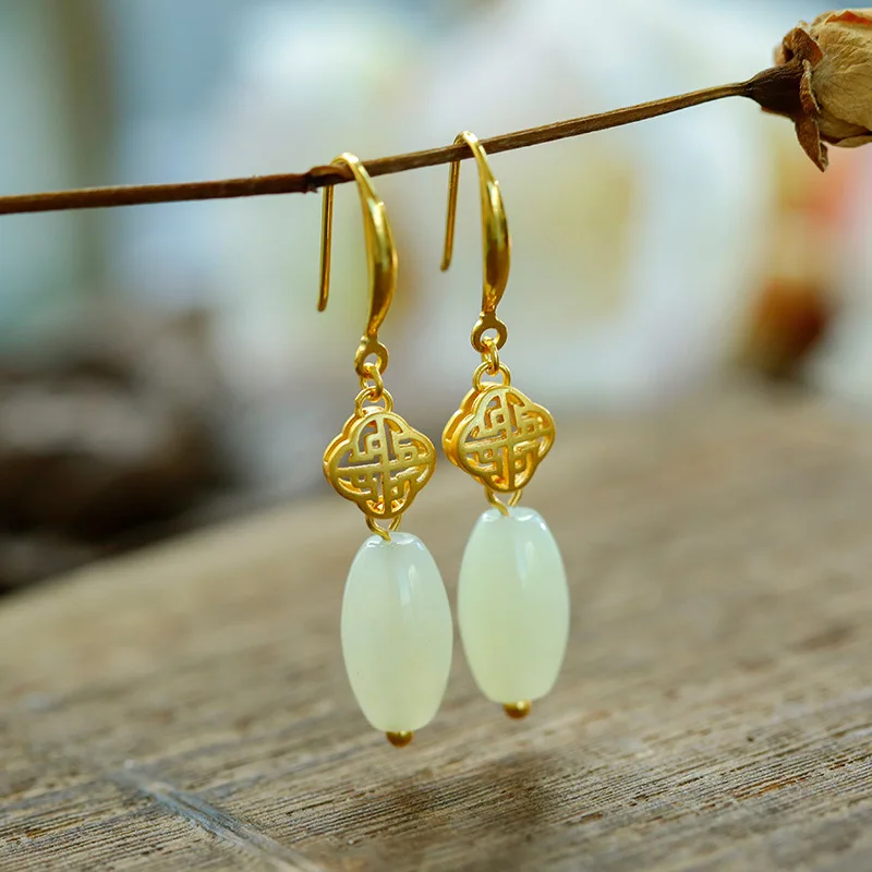 

S925 Silver Inlay-Drop Eardrops Hetian Jade Ear Hook Knot