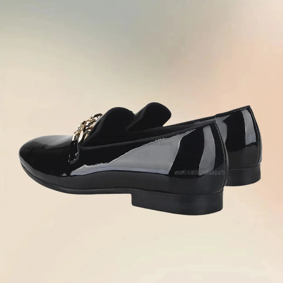 

Black Patent Leather Gold Metal Chain Decor Men Shoes Fashion Novel Slip On Men Casual Shoes Handcraft Comfort Men Dress Shoes