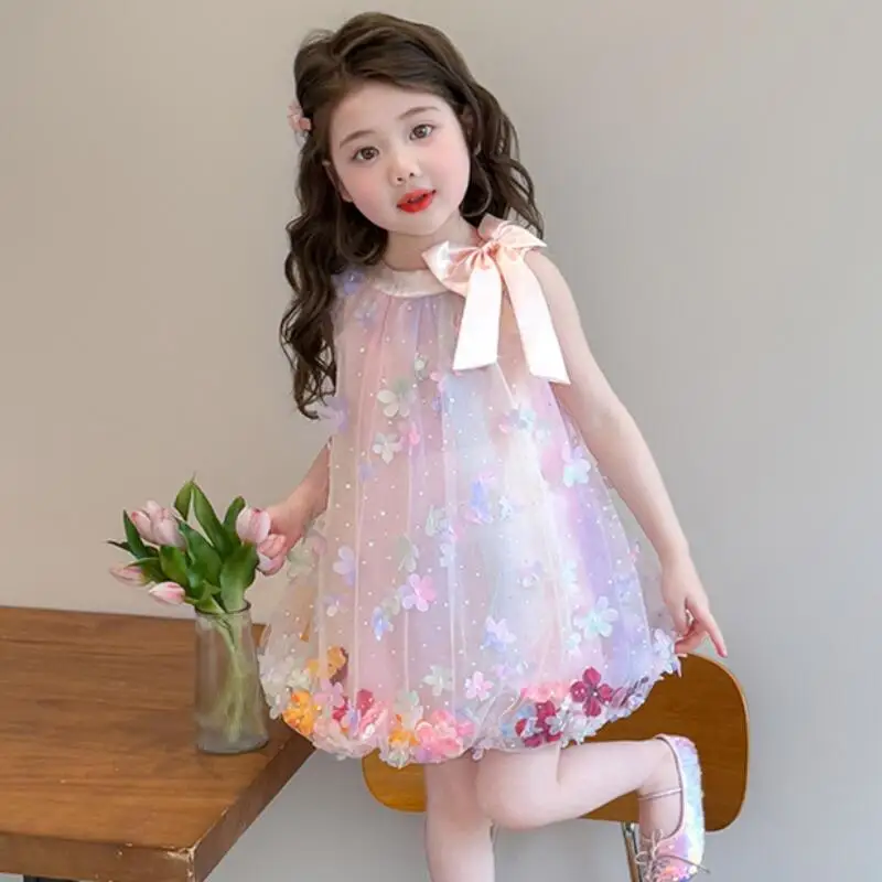 Girl's Bow Flower Mesh Dress Summer New Girls Vest Flower Bud Skirt Children's Sweet Fashionable Princess Skirt Children's Group