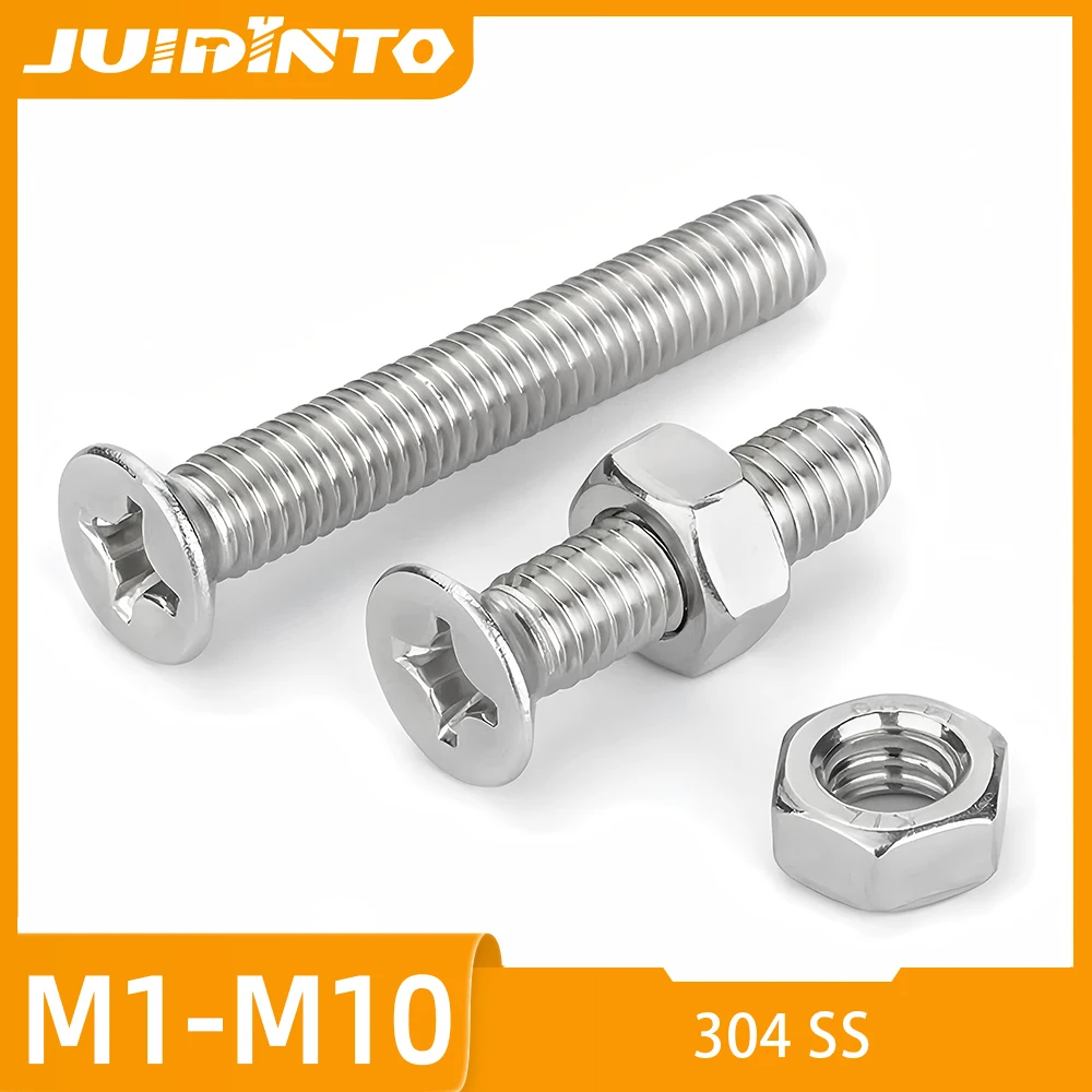 2-50 juegos de tornillos Phillips de cabeza plana con tuercas M1 M2 M3 M4 M5 M6 M8 M10, kits de tornillos y tuercas de acero inoxidable con cabeza avellanada cruzada