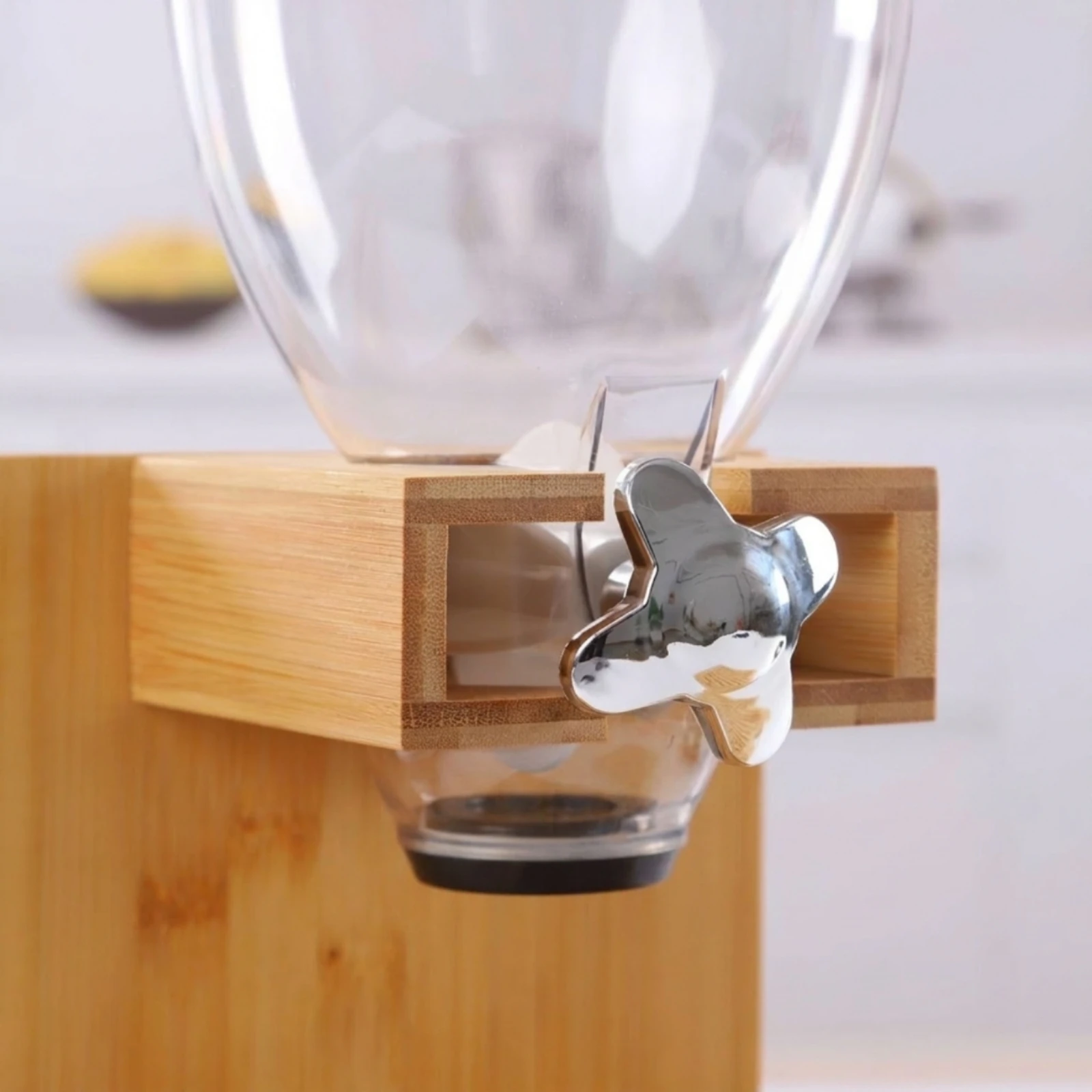 Countertop Dispenser with Wooden Base Compact Dry Food Dispenser with Lever Modern Minimalist for Kitchen, Pantry