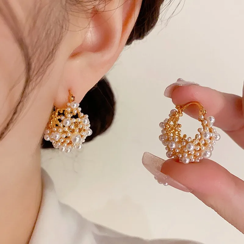 Luxury All Sparkling Pearl Hollow Clip On Hoop Earrings for Women 18K Gold Sterling Silver 925 Evening Party Date Accessories