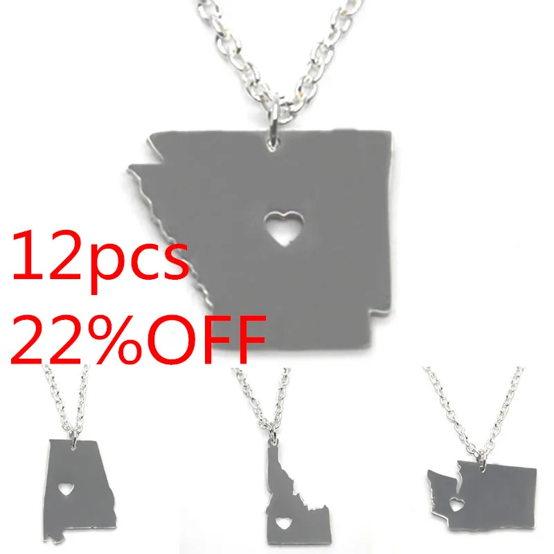 Collar con mapa del estado de EE. UU., tono plateado, Nueva York, Washington, Mississippi, Indiana, Hawaii, Nueva Jersey, Arkansas, Alabama, Louisiana