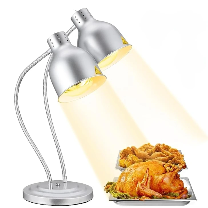 Silver Double Head Food Warmer Lamp Buffet Food Warming Light Pizza Display Light Heating Barbecue Cabinet Food Keep Warm Lamp
