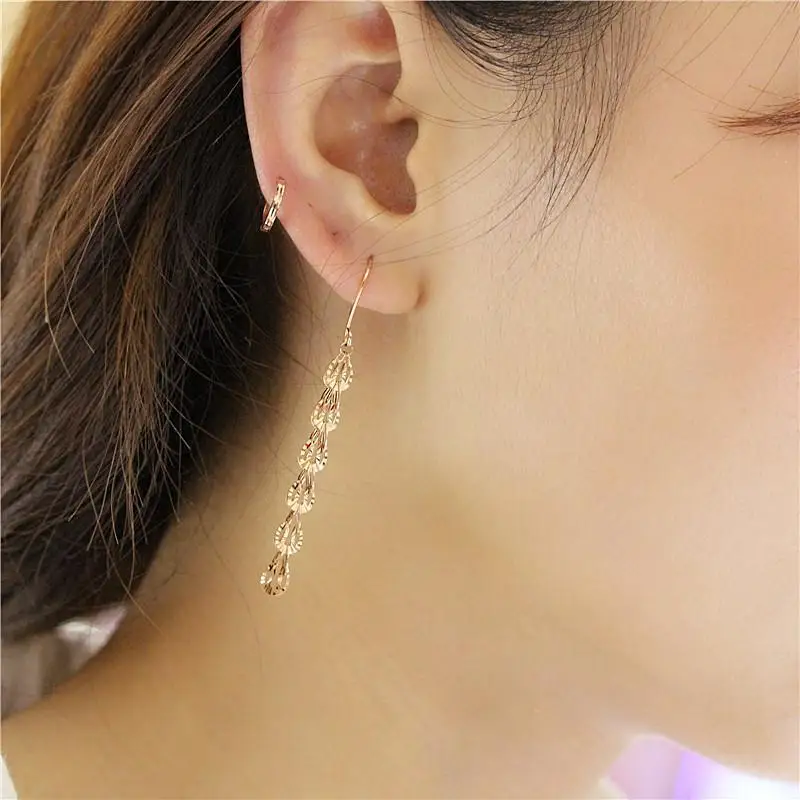 585 Purple Gold Plated 14K Rose Gold Hollow Out Long Earrings for Women New Ethnic Charm Shiny Engagement Wedding Jewelry