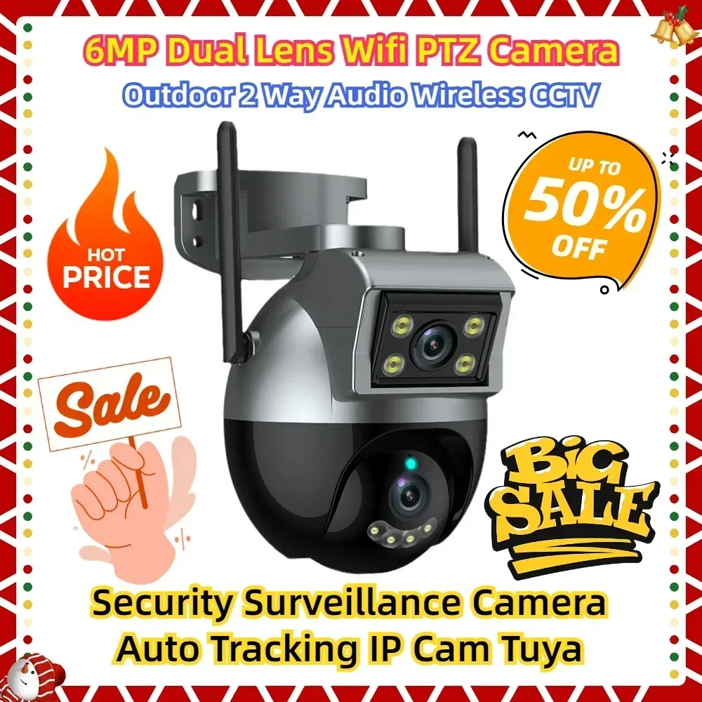 

Outdoor 2 Way Audio Wireless CCTV Security Surveillance Camera Auto Tracking IP Cam Tuya 6MP Dual Lens Wifi PTZ Camera