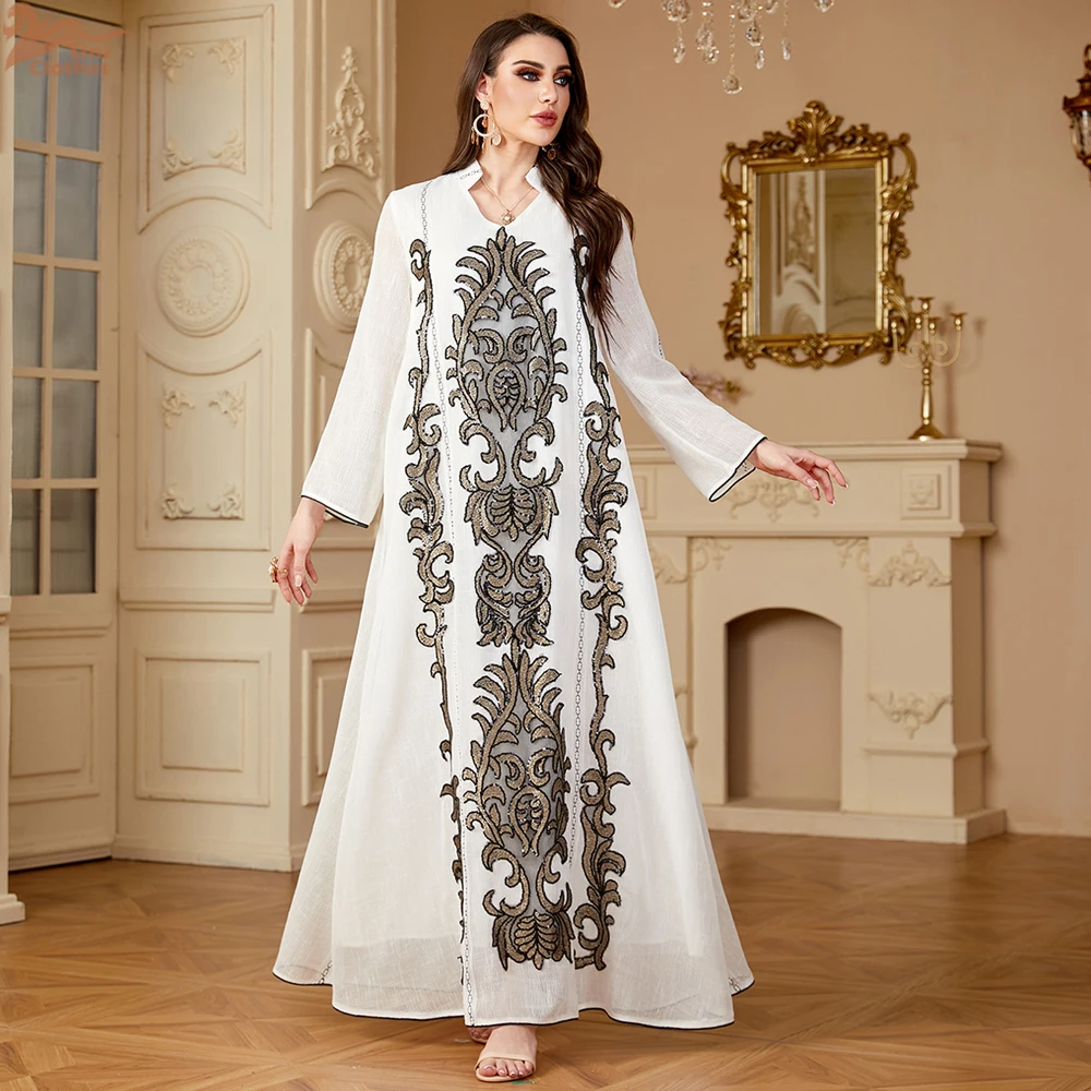 Ramadan Muslim Women's Floral Embroidery Maxi Dress Mesh Sleeve Abaya Kaftan Dresses Womens Dubai Elegant Casual Kaftan