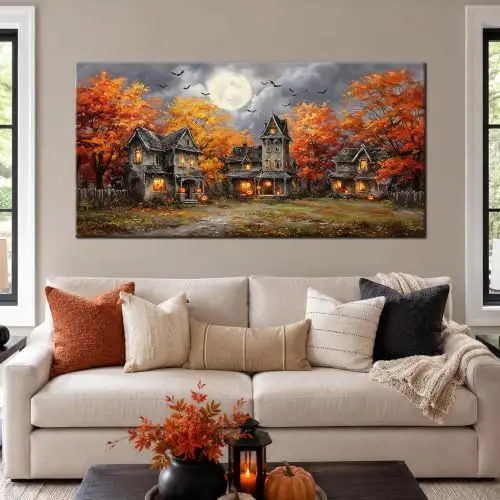 Fall Halloween Wall Art, Halloween Pictures Wall Decor Gothic Victorian Halloween Canvas Art with Autumn Orange Trees, Curated
