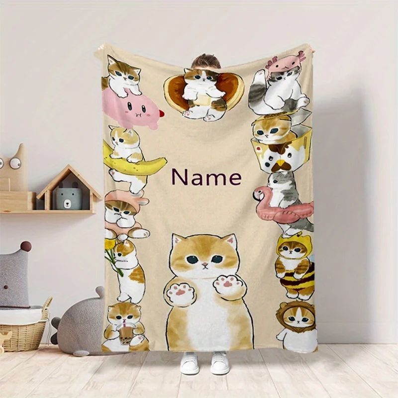 1, maßgeschneiderte Flanelldecke mit süßem Katzenmuster, weiche und warme, maschinell gewaschene Decke in Hellbeige, geeignet für Schlafsofas