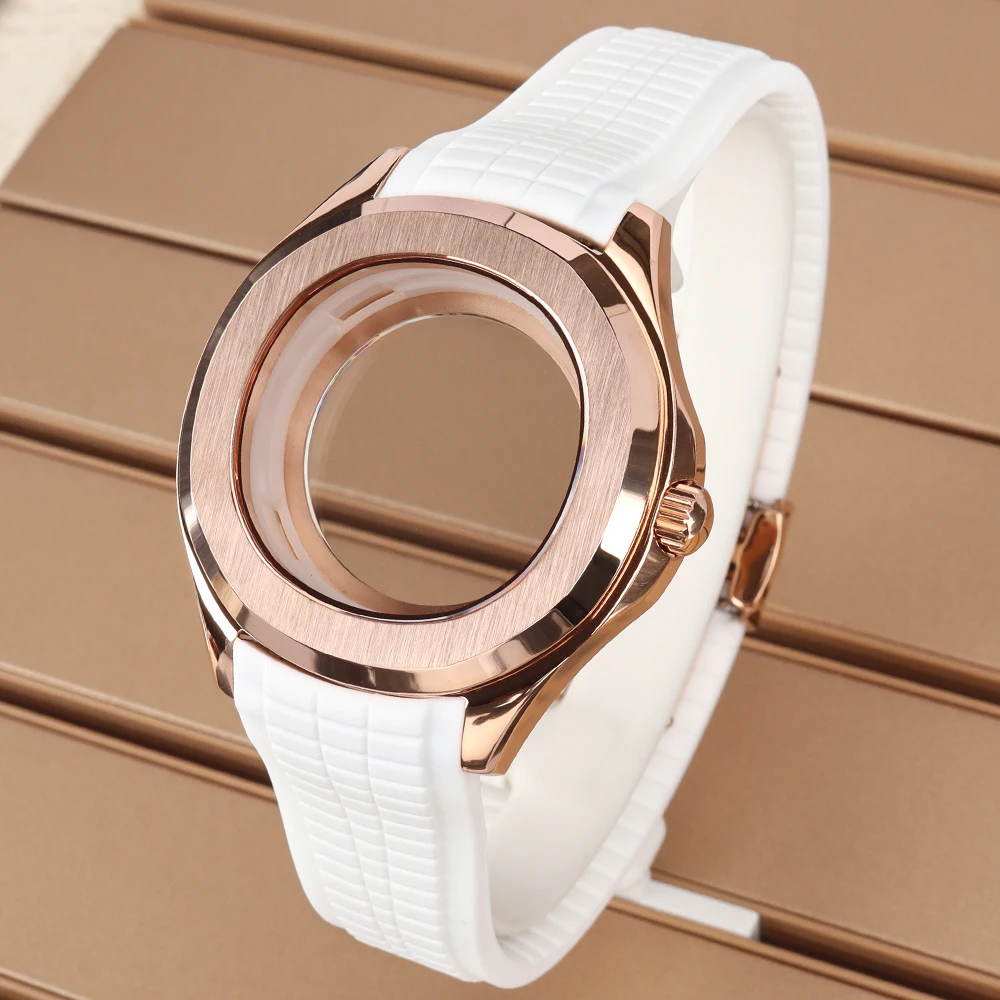 

42mm NH38 Square Watch Case Rose Gold Rubber Strap Sapphire For Mod Nautilus AQUANAUT Part NH35 NH36 NH38 Assemble Repair Parts