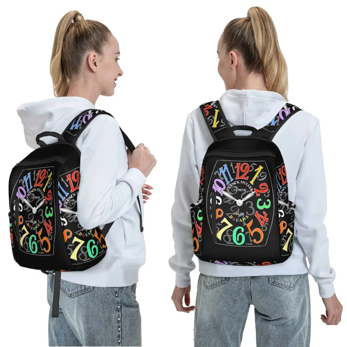 Franck Muller Color Dreams Hand Drawn Watch Face Backpack Daypack Large Capacity BookBag School Bag Shoulder Bags for Men Women