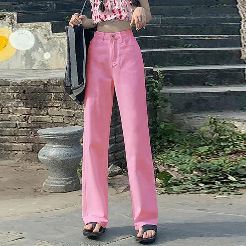 Water Washing High-waisted Straight-leg Jeans, Women's New Spring and Autumn Fashion Loose Wide-leg Pants, Floor-length Jeans