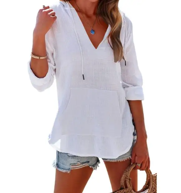

Осенняя однотонная шифоновая футболка с v-образным вырезом на шнуровке и карманами с длинными рукавами, женская повседневная свободная однотонная шифоновая рубашка с капюшоном, топ