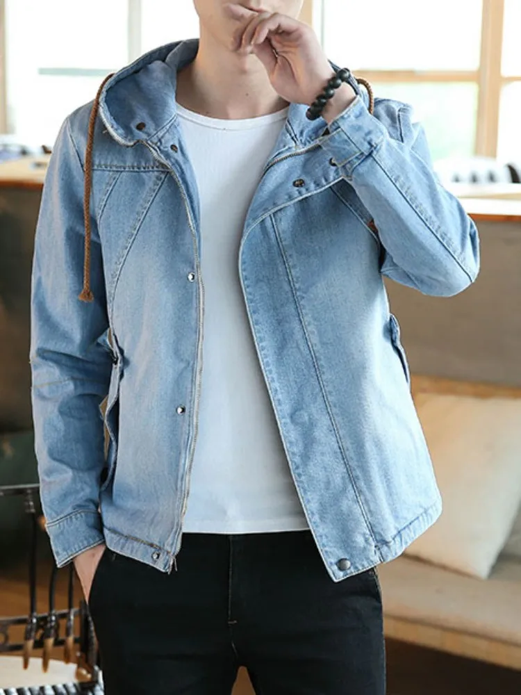 Spring Autumn Japanese Retro Mens Hooded Denim Jacket New Slim Fit Zipper Casual Outerwear Male Long Sleeve Streetwear Coats