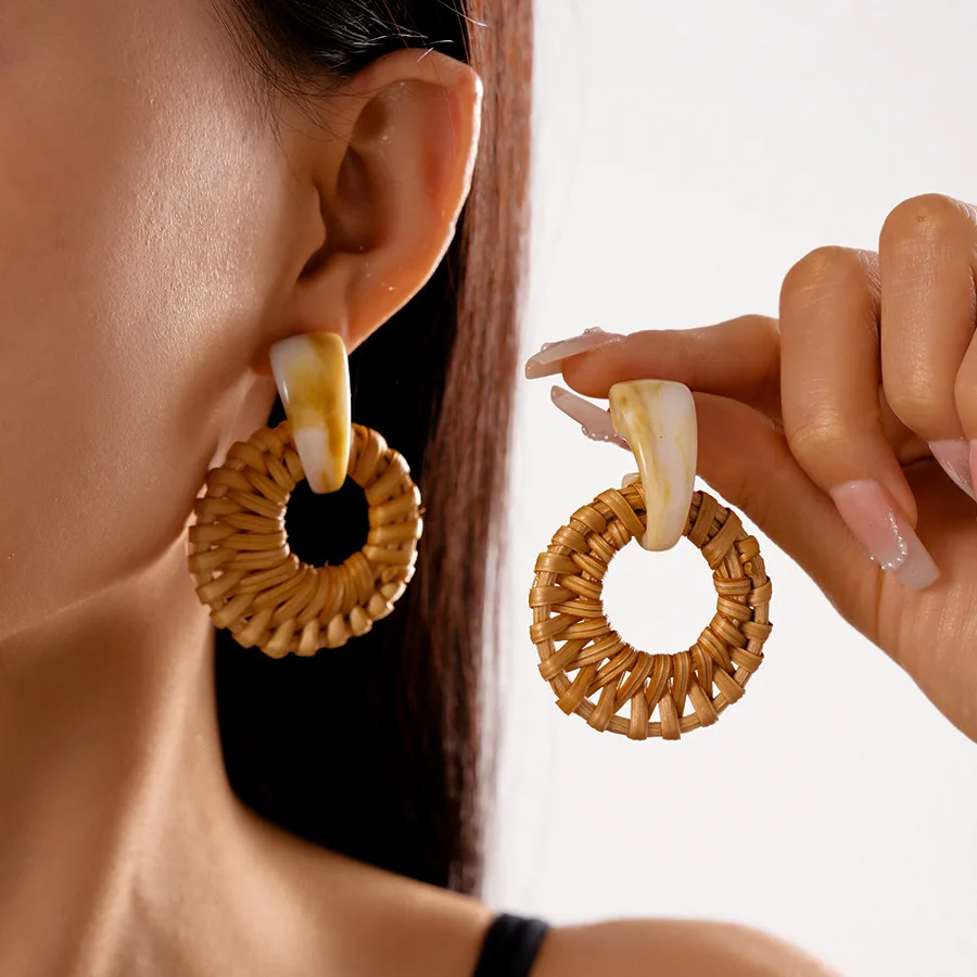 Boho Weave Wood Raffia Earrings for Women Handmade Geometric Round Triangle Dangle Drop Earrings Vacation Style Ear Jewelry