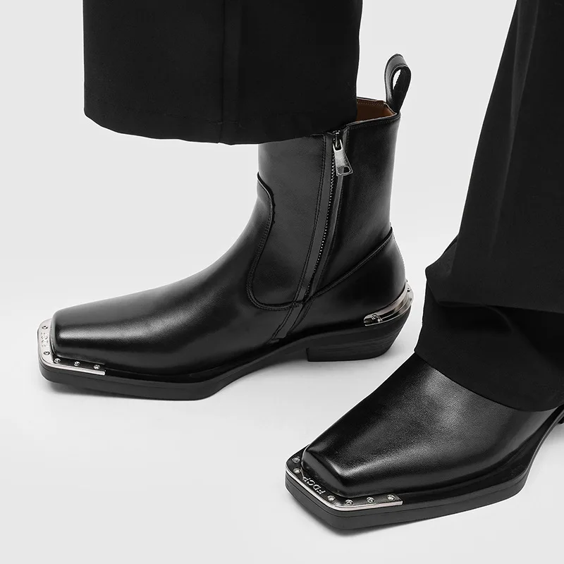men fashion stage nightclub high chelsea boots designer square toe shoes cowboy natural leather boot high motorcycle botas mans