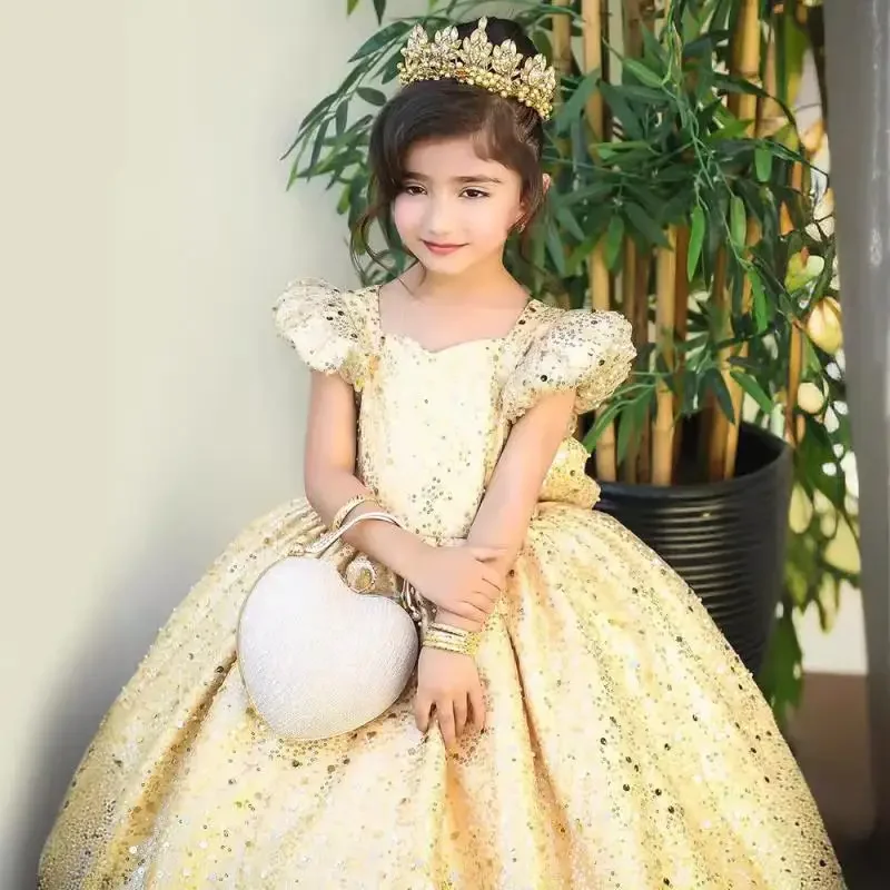 

Girls Puff Sleeves Ball Gown Elegant Birthday Party Noble Evening Dresses Newborn Baptism Clothes Sequin Children Vestidos
