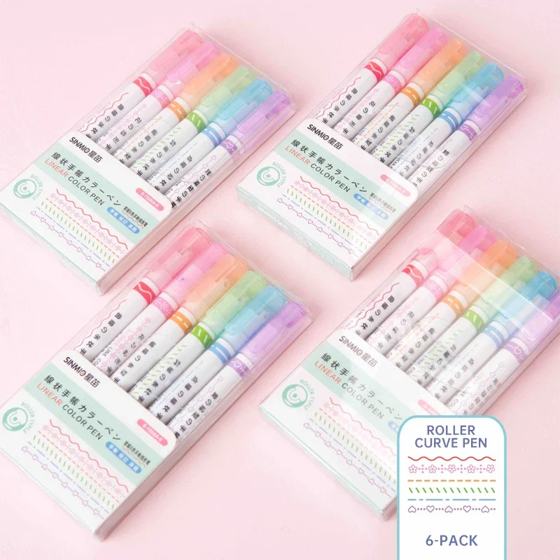 6Pcs/Set Flower Line Highlighter Pens Roller Nip Curve Marker Pen Cute Stationery Items Kawaii Graffiti Noting School Acsesories