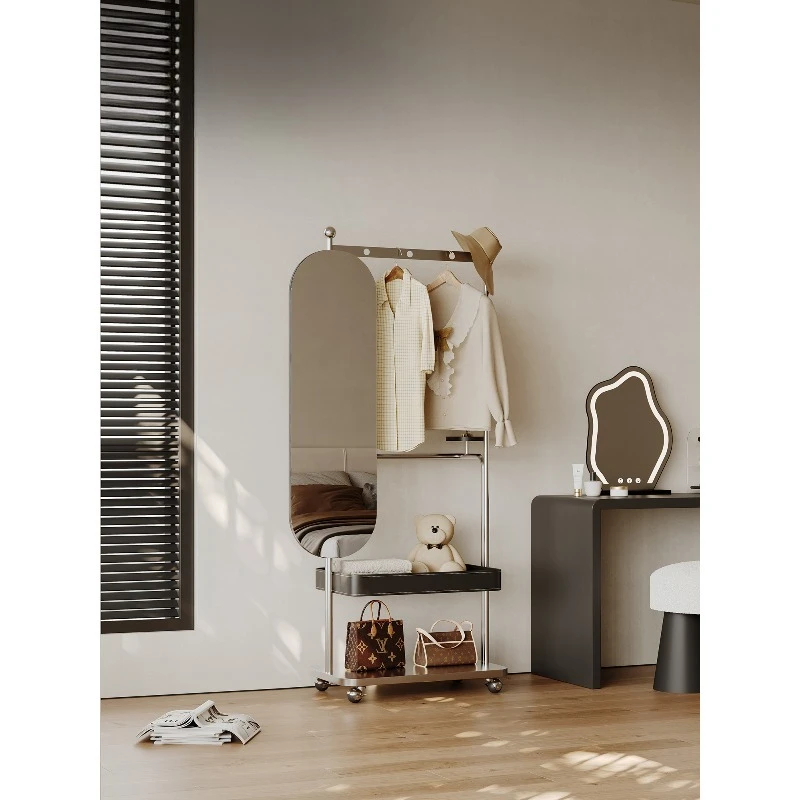 Italian-style movable hanger, floor-to-ceiling bedroom full-length mirror coat rack integrated into the door