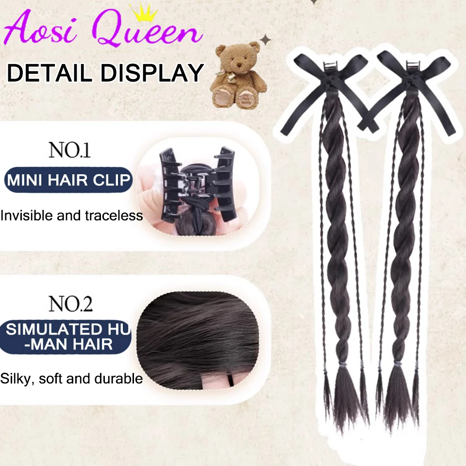 AOSI Wig wanita rambut palsu panjang Natural, Wig ekstensi rambut ekor kuda, kepang putar sintetis, Wig wanita