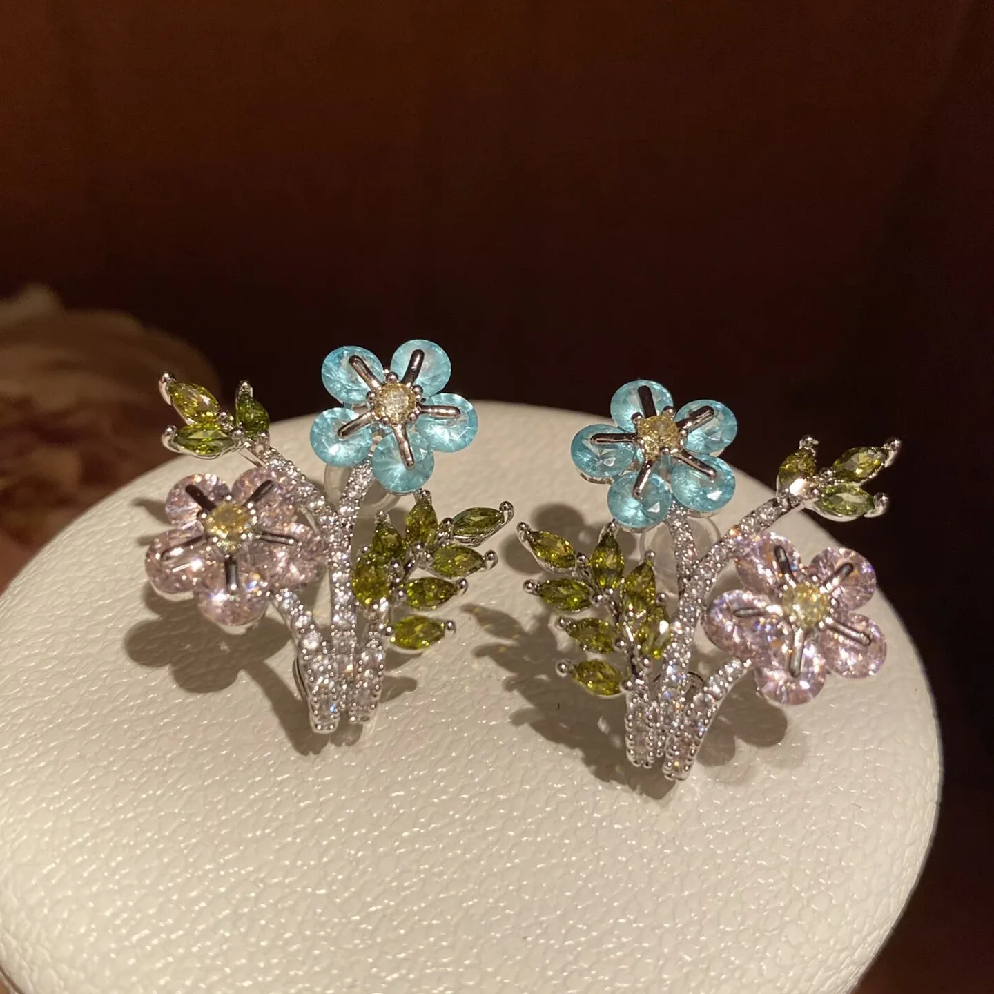 

New Arrival Spring Flower Earrings Turquoise Pink Crystal Leaf stud Earrings Women's Fairy Jewelry Gift