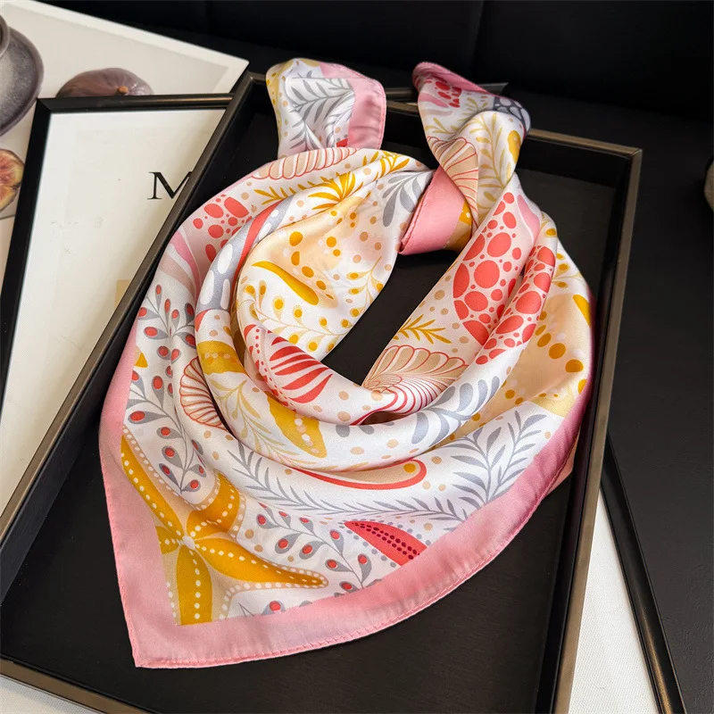 Luxuriöses bedrucktes Seidentuch für Damen – quadratisches Halstuch, Haarband, Strand-Hijab, Kopftuch, Bandana, Foulard, 70 cm – Detail 2
