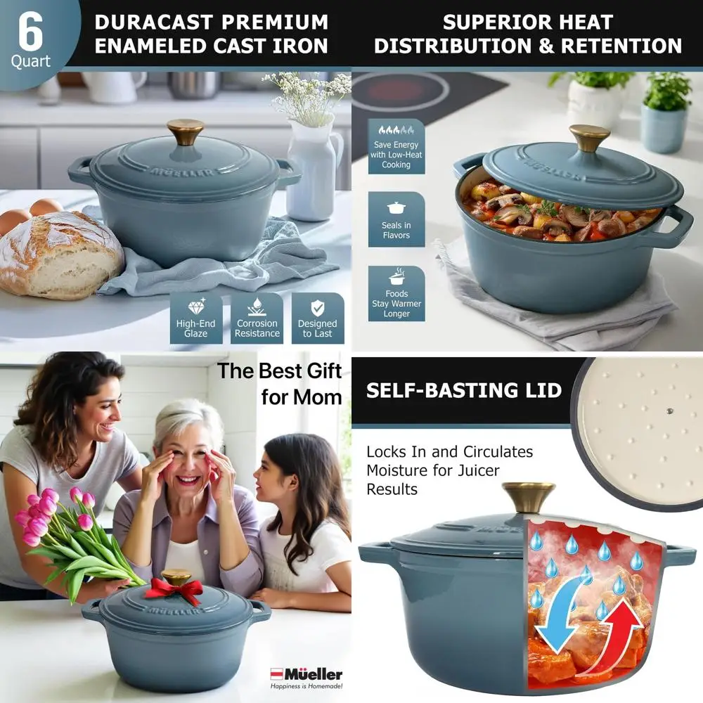 

6-Quart Enamel Cast Iron Dutch Oven, Heavy Duty, Oven Safe to 500°F, Suitable for All Cooktops, Bread Pan with Lid and Knob, Blu