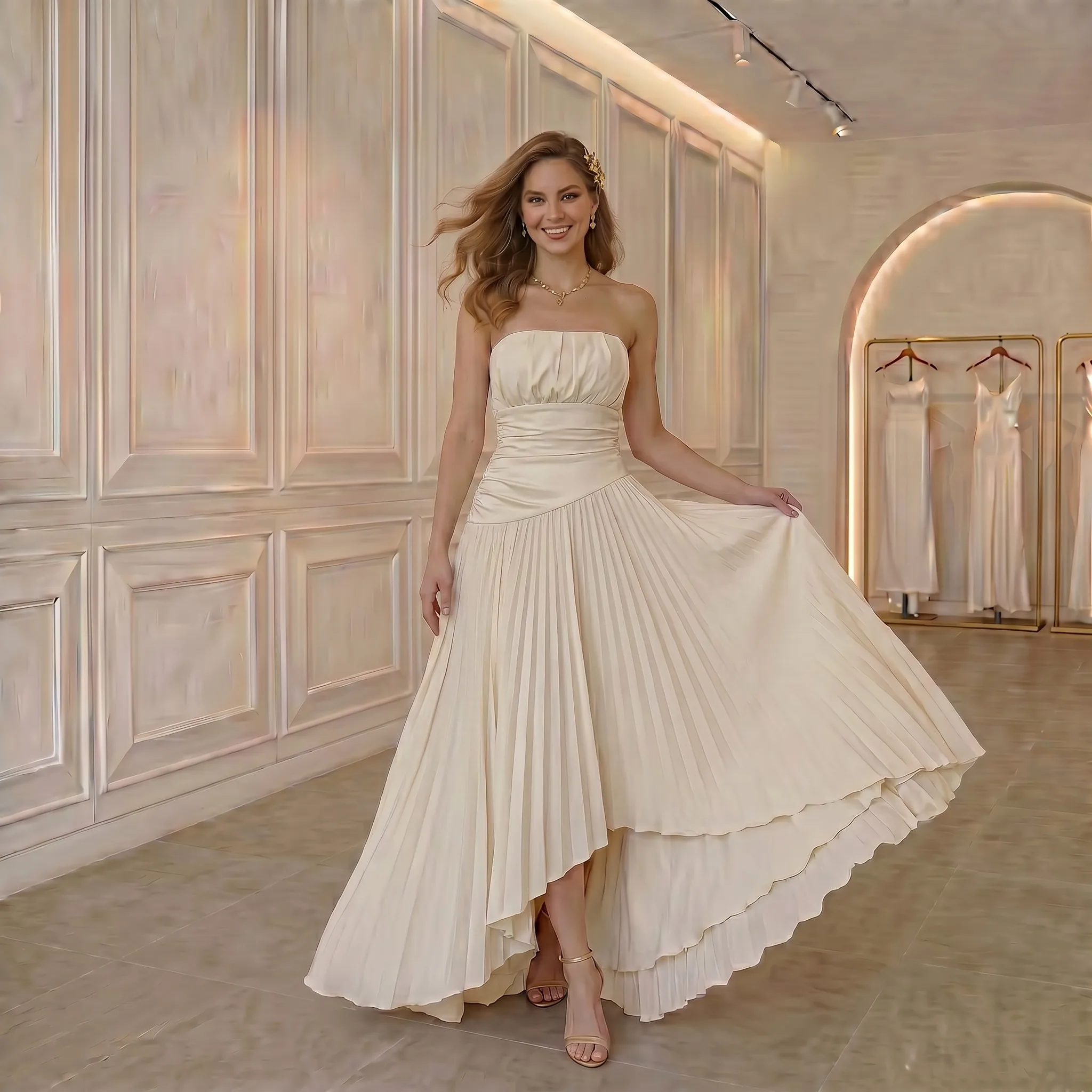 Strapless Pleated Chiffon Wedding Dress Lace Corset Back High Low Layered Skirt Simple Bridal Reception Gown