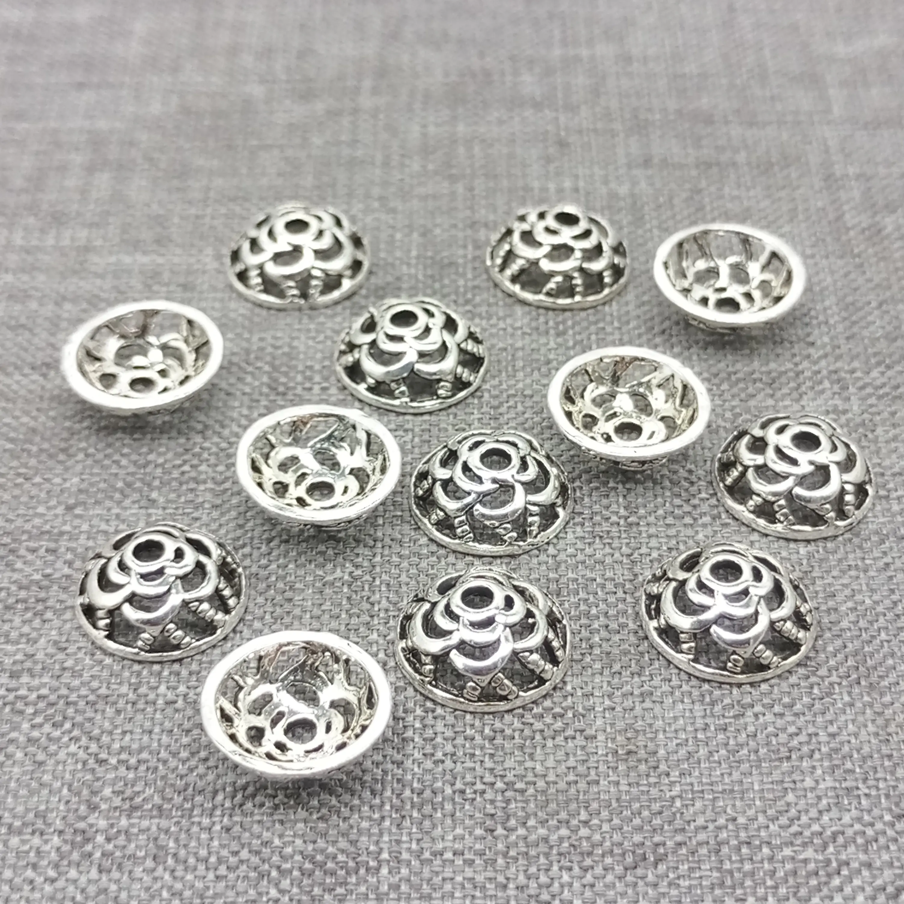 6 Pieces Rose Flower Bead Caps Bracelet Spacers 9mm in 925 Sterling Silver