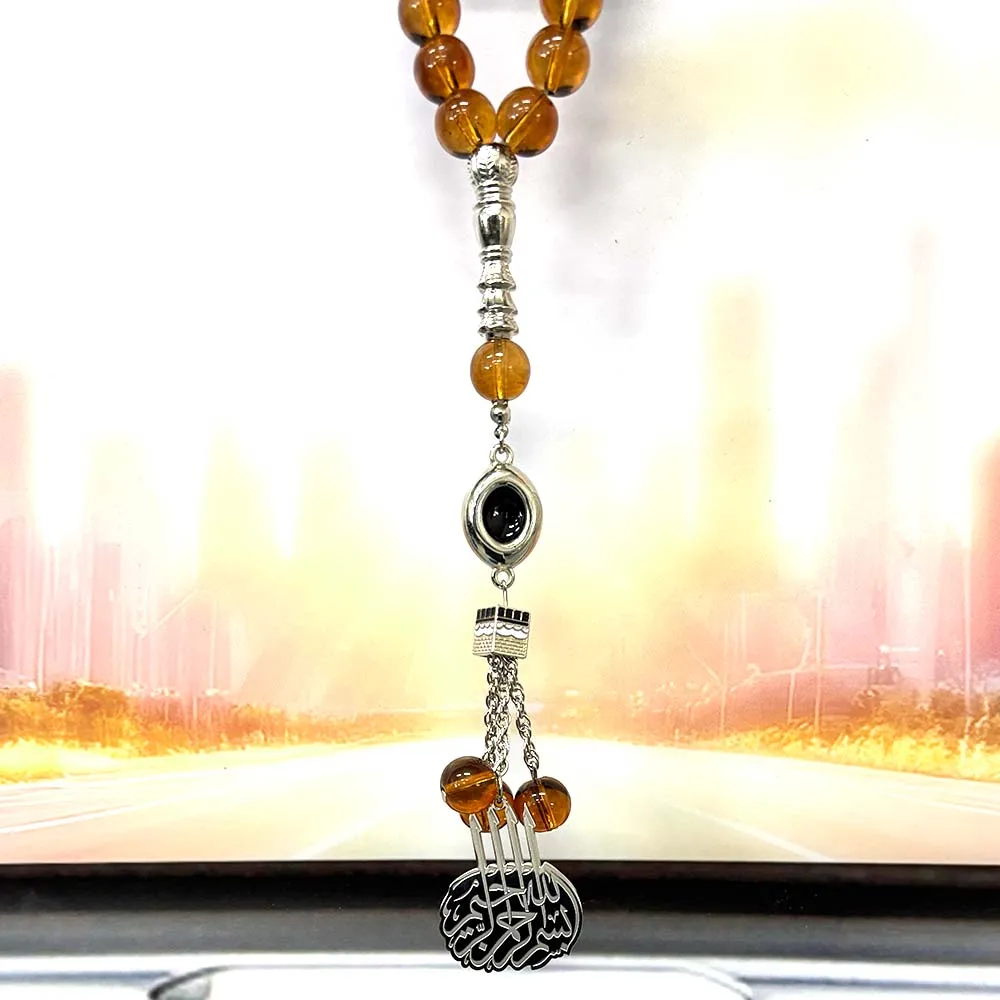 Muslim Islamic Arabic Quran Stainless Steel Silver Car Pendant, Unisex Amber Glass Prayer Beads Hanging Jewelry Gift