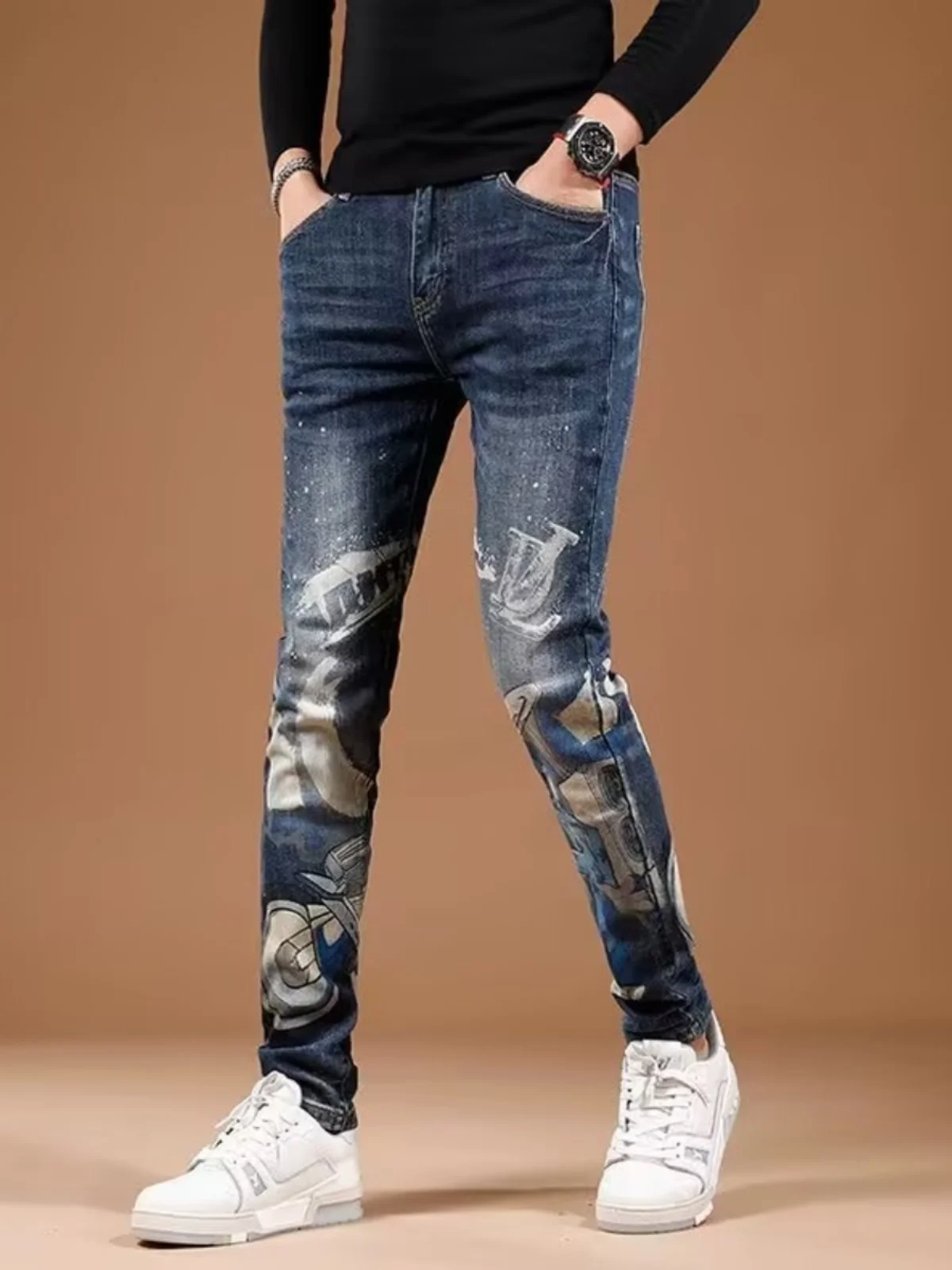Fashionable Casual Printed Men's Jeans Elastic Slim Fit Long Pants Autumn Winter Wear Resistant Stone Washed Youth Style