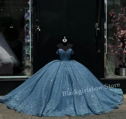 Ice Blue Princess Exquisite Quinceanera Dresses 2024 Off Shoulder Lace Applique Beaded Mexico Chapel Train 15 vestido de xv