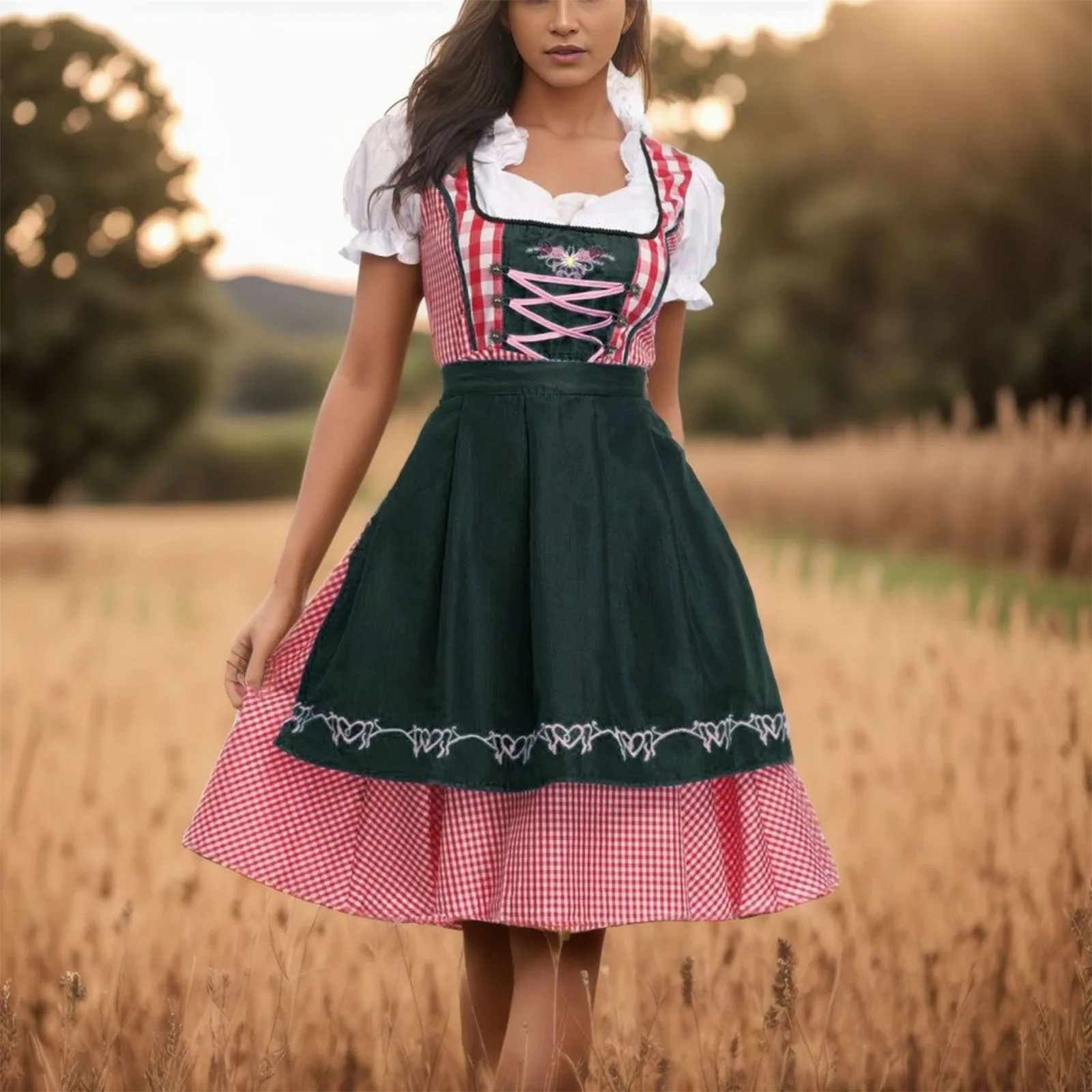 Vestido tradicional alemão xadrez dirndl para adultos, fantasia Oktoberfest, roupa de festa extravagante, cosplay feminino de Halloween, alta qualidade