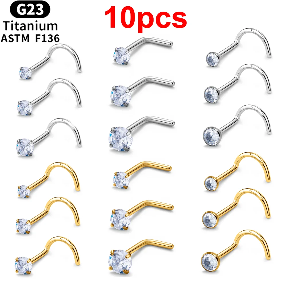 10pcs Gold 20G Nose Studs Piercings Jewelry G23 Titanium L-shaped CZ For Women Bending Nose Ring 2mm 3mm