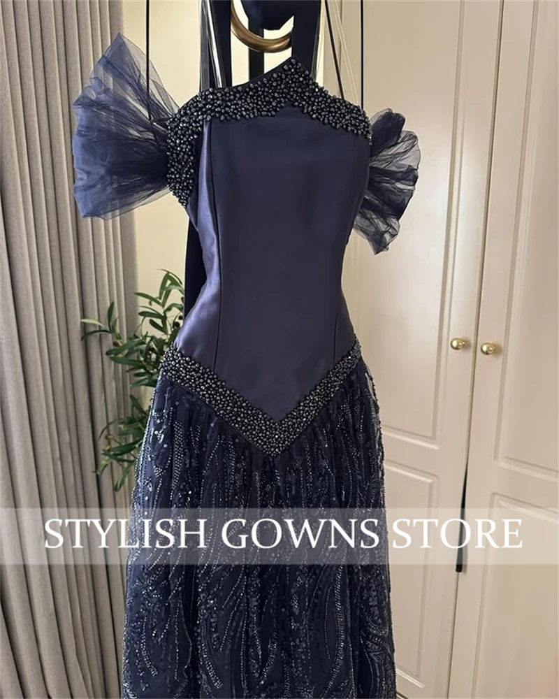 Robe de soirée chérie bleu marine arabe saoudien 2025 Occasion formelle sans manches robe de cristal perlée personnalisée فستان و